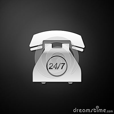 Silver Telephone 24 hours support icon isolated on black background. All-day customer support call-center. Open 24 hours Vector Illustration