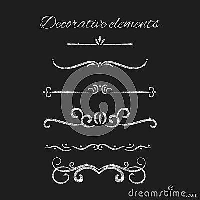 Silver text dividers set. Ornamental decorative elements. Vector ornate elements design. Silvery flourishes. Shiny Vector Illustration