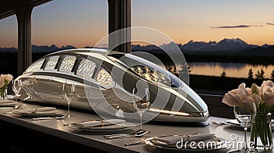 A silver train sitting on top of a table next to a window. Generative AI image. Stock Photo