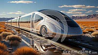 A silver train on a train track in desert Stock Photo