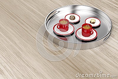 Silver tray with coffee and chocolate candies Stock Photo