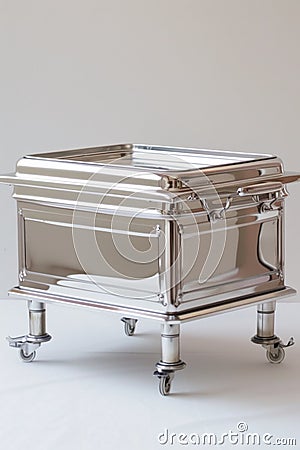 A silver tray with wheels on a white background, AI Stock Photo