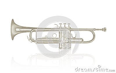 Silver trumpet instrument on white background. Stock Photo