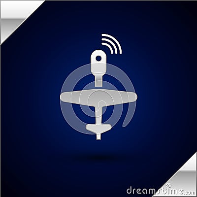 Silver UAV Drone icon isolated on dark blue background. Military Unmanned aircraft spy. Vector Illustration Vector Illustration
