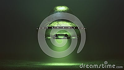 Silver UFO Hovering with Green Glowing Lights in a Green Foggy Environment Cartoon Illustration