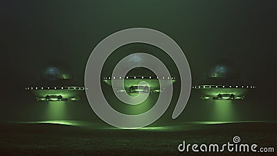 3 Silver UFO Hovering with Green Glowing Lights in a Green Foggy Environment Cartoon Illustration