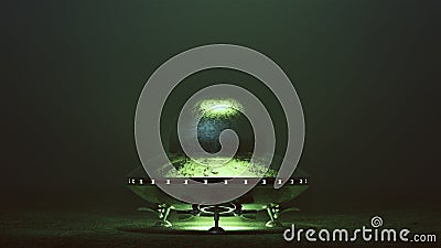 Silver UFO Landed with Green Glowing Lights in a Green Foggy Environment Cartoon Illustration