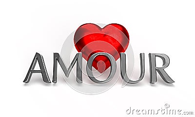 Silver valentine word love, amour in French on red hearts Stock Photo