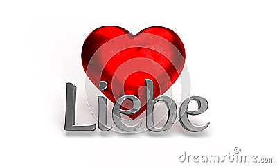 Silver valentine word love, liebe in German on red hearts Stock Photo