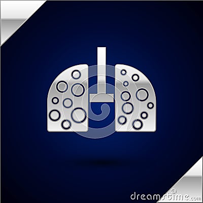 Silver Virus cells in lung icon isolated on dark blue background. Infected lungs. Coronavirus, COVID-19. 2019-nCoV Vector Illustration