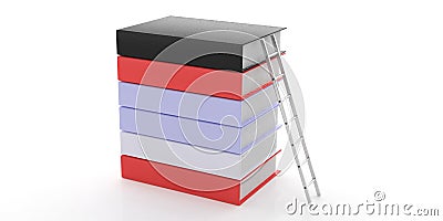 Silver wall ladder against a books stack isolated on white background. 3d illustration Cartoon Illustration