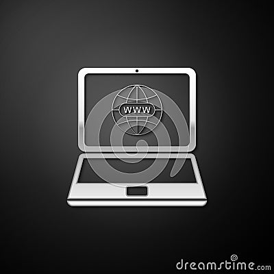 Silver Website on laptop screen icon isolated on black background. Globe on screen of laptop symbol. World wide web Vector Illustration