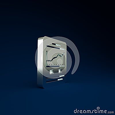 Silver Website with stocks market growth graphs and money icon isolated on blue background. Monitor with stock charts arrow on Cartoon Illustration
