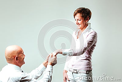 Silver wedding for bald man and happy lady Stock Photo