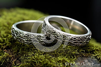 silver wedding bands nested on a mossy river stone Stock Photo