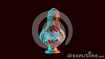 Silver Woman Bust Sculpture with Drapery with Red Orange and Blue Green Moody 80s lighting Cartoon Illustration