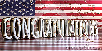 Silver Word congratulations on the American flag with shiny confetti, American presidential election concept Stock Photo