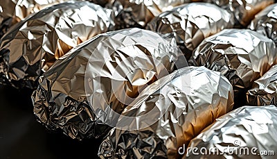 Silver Wrapped Objects: Metallic Texture Abstract Composition Stock Photo