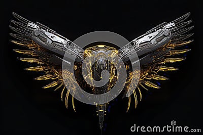 Silver yellow cyberpunk relic feathered wings. Generate ai Stock Photo