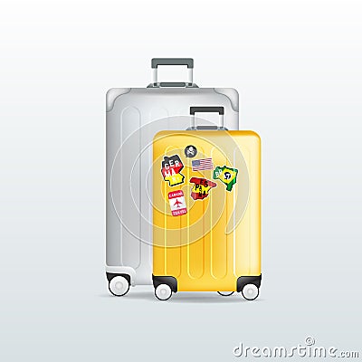 Silver and yellow travel luggage on white background. Realistic suitcase. Vector Illustration