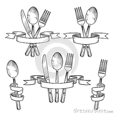 Silverware, cutlery, dinner table utensils. Knife, spoon and fork in retro banner ribbons hand drawing set. Kitchen Vector Illustration