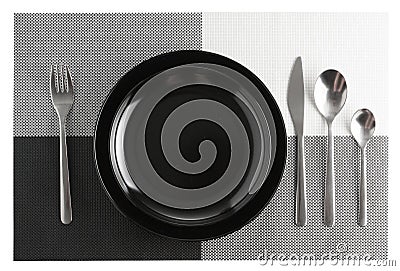 silverware or flatware set and plates isolated on white Stock Photo