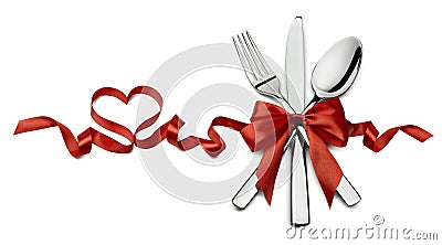 Silverware in red Valentine ribbon heart shape horizontal isolated Stock Photo