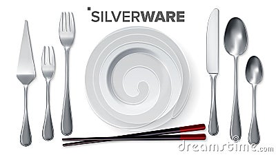 Silverware Set Vector. Silver Metal Knife, Spoon, Fork, Spatula, Chopsticks, Plate. Top View. 3D Realistic Illustration Vector Illustration