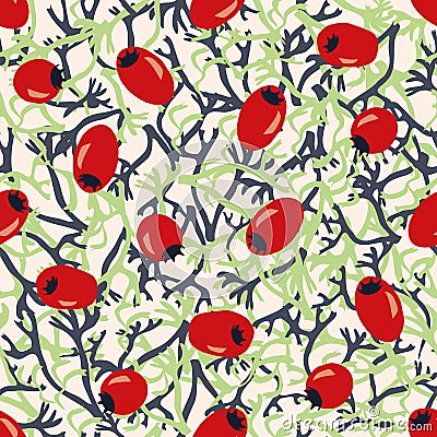 Silvery green lichen and red berries seamless vector pattern background. Overlapping hand drawn oakmoss leaves and Vector Illustration