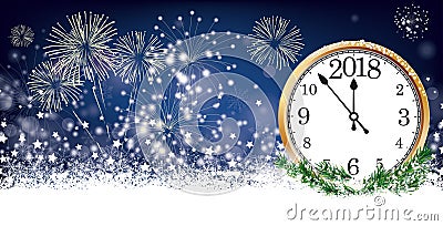 Silvester Card Clock 2018 Header Snowflakes Stars Fireworks Vector Illustration