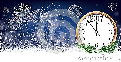 Silvester Card Clock 2017 Header Snowflakes Stars Fireworks Vector Illustration