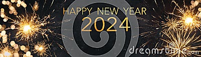 Silvester 2024 Happy New Year, New Year`s Eve Party background banner panorama long greeting card - Golden firework fireworks and Stock Photo