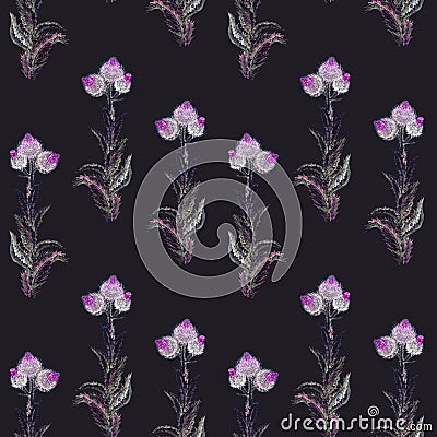 Silybum marianum cardus marianus, milk thistle, blessed milk thistle flowers in neon bright white colors palette, seamless Cartoon Illustration