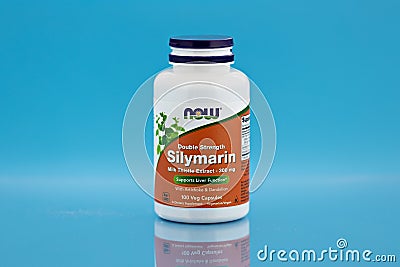 Silymarin milk thistle extract capsules in the jar. dietary supplement editorial photo Editorial Stock Photo