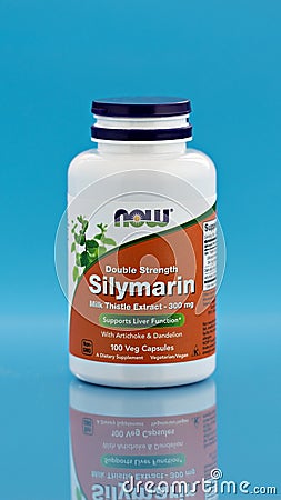 Silymarin milk thistle extract capsules in the jar. dietary supplement editorial photo Editorial Stock Photo