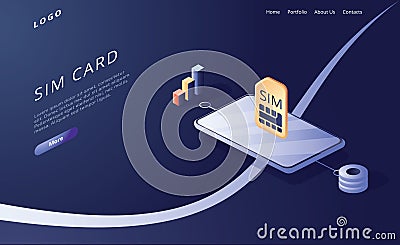 SIM card concept in isometric vector illustration. Mobile network with esim microchip technology. Web banner Vector Illustration