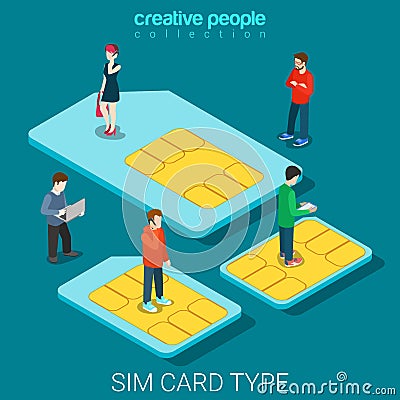 SIM card type size phone chip cards flat 3d isometric vector Vector Illustration