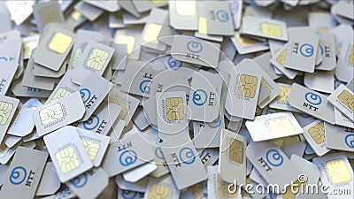 SIM cards with Nippon Telegraph and Telephone Corporation NTT logo, close-up. Editorial telecommunication related 3D Editorial Stock Photo