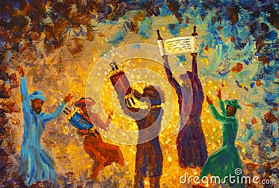 Simchat Torah painting religious holiday greeting card jewish religious holiday book torah painting Cartoon Illustration
