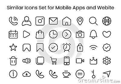 similar icons set for user interface, mobile and apps icons set with basic outline black and white Vector Illustration