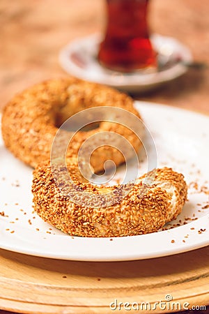 Simit - turkish bagel with turkish tea on the table. Ethnic food Stock Photo