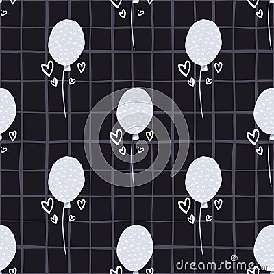 Simle creative seamless balloon pattern. Birthday print with hearts silhouettes on dark chequered background Cartoon Illustration