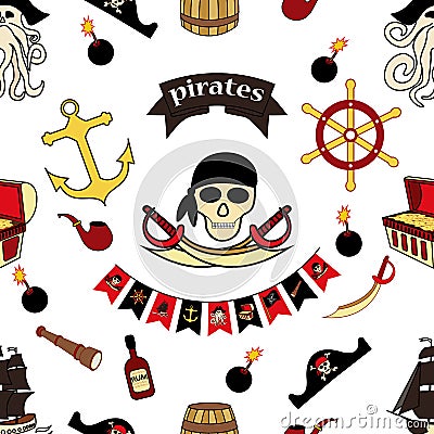 Simless pattern Pirates themed drawings by hand. Pirate symbols-swords, treasure chest, skull and crossbones, Davy Jones, octopus Stock Photo