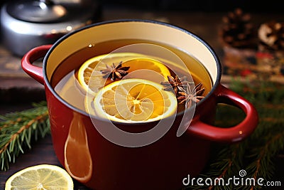 simmering pot of mulled cider with lid partially opened Stock Photo