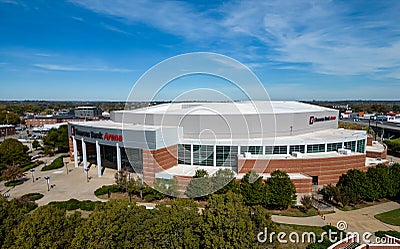 Simmons Bank Arena in Little Rock from above - aerial view - LITTLE ROCK, UNITED STATES - NOVEMBER 5, 2022 Editorial Stock Photo