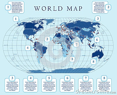 Simpe small scale political world map with major capitals. Flat design with grid, label and legend on the map Vector Illustration