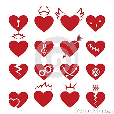 Simple abstract heart shapes icons. Vector burned and broken, pierced by arrow, keyhole hearts signs Vector Illustration