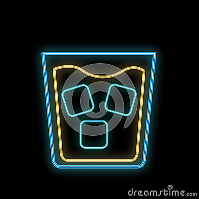 A simple abstract neon bright glowing glowing blue icon, a signboard for a bar of whiskey with ice in a glass and copy space Stock Photo