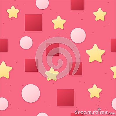 Simple abstract vector seamless pattern isolated on pink background, Yellow star, pink circe and red square. Seamless pattern for Vector Illustration