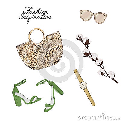 Simple accessories flatlay: bag, sunglasses, shoes, plant vector sketch. Glamour fashionable magazine illustration Vector Illustration